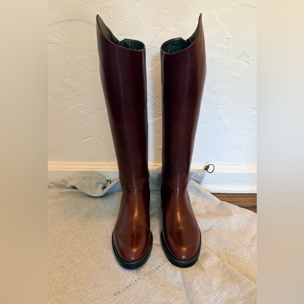 Brunello Cucinelli Burgundy Tall Leather Riding Boots